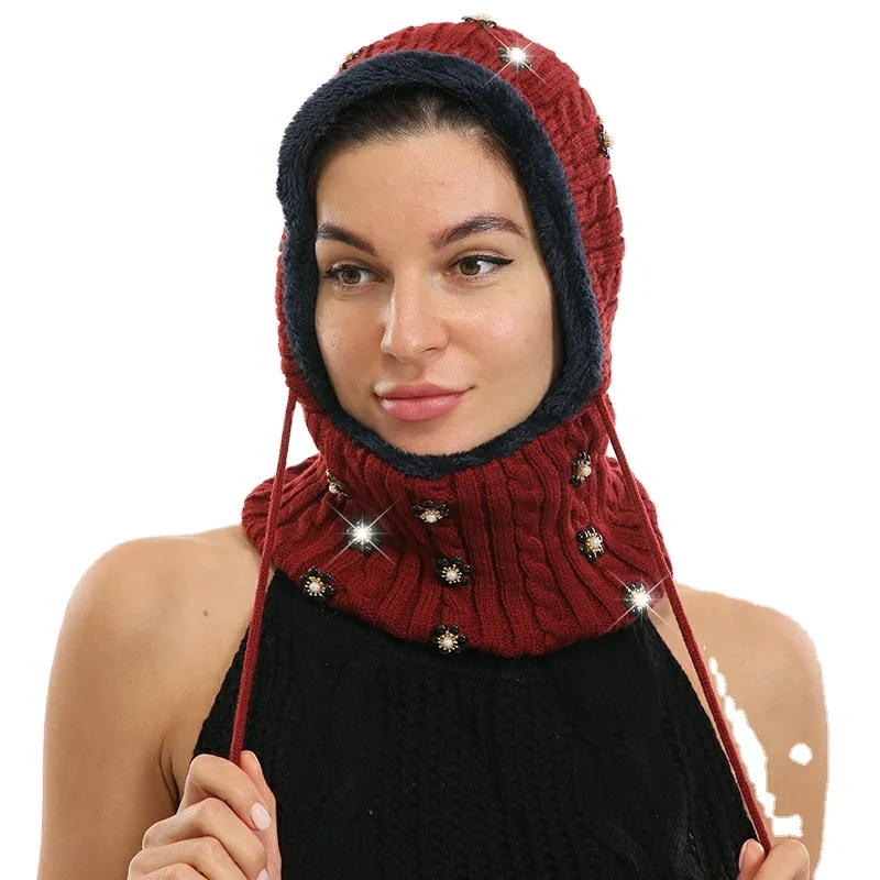 
KQ0075 Ladies Winter Soft Plush Thicken Stretch Red Warm Cable Knit Hat And Scarf 