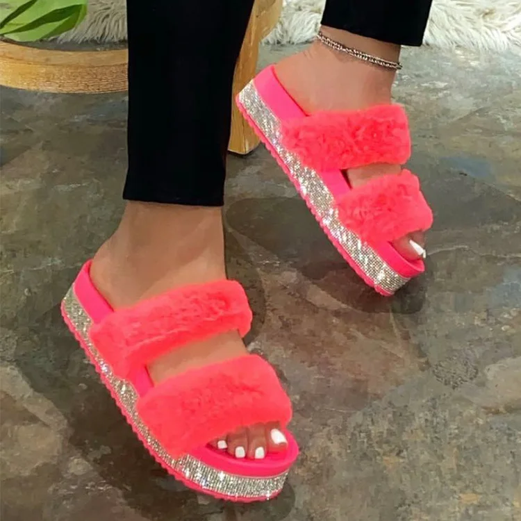 
2021 New Arrivals Ladies Candy color Furry Slippers Shiny Diamonds Slides for Women Fashion Sandals 