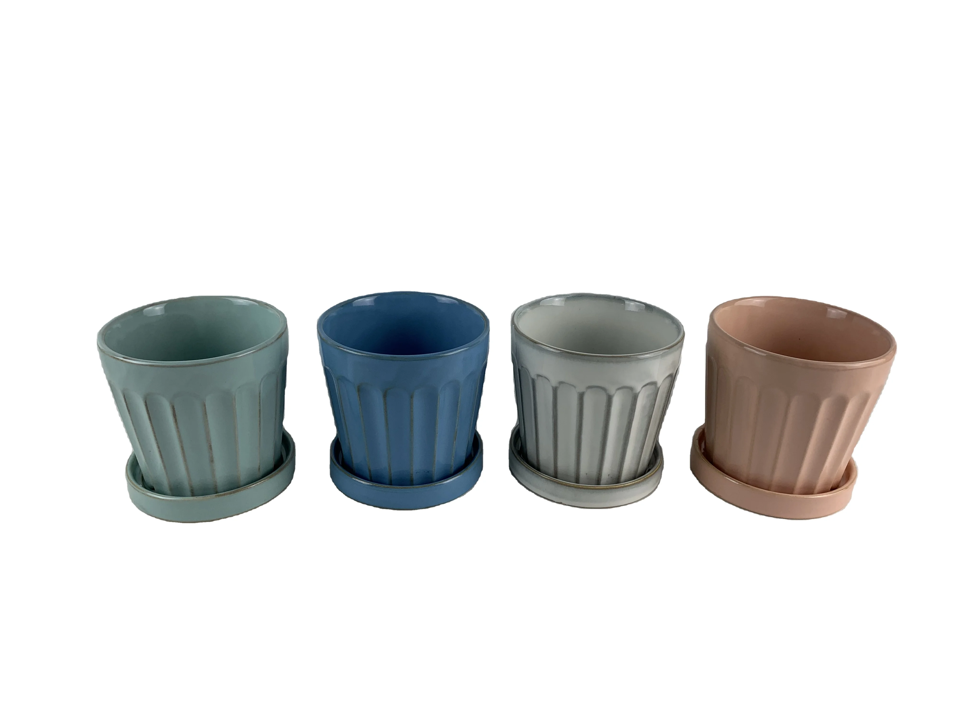 Custom Made Ceramic Planter Pot Attached Saucer Intaglio Stripes Design Glossy Glaze Succulent Pot for Home Garden Decor Pottery