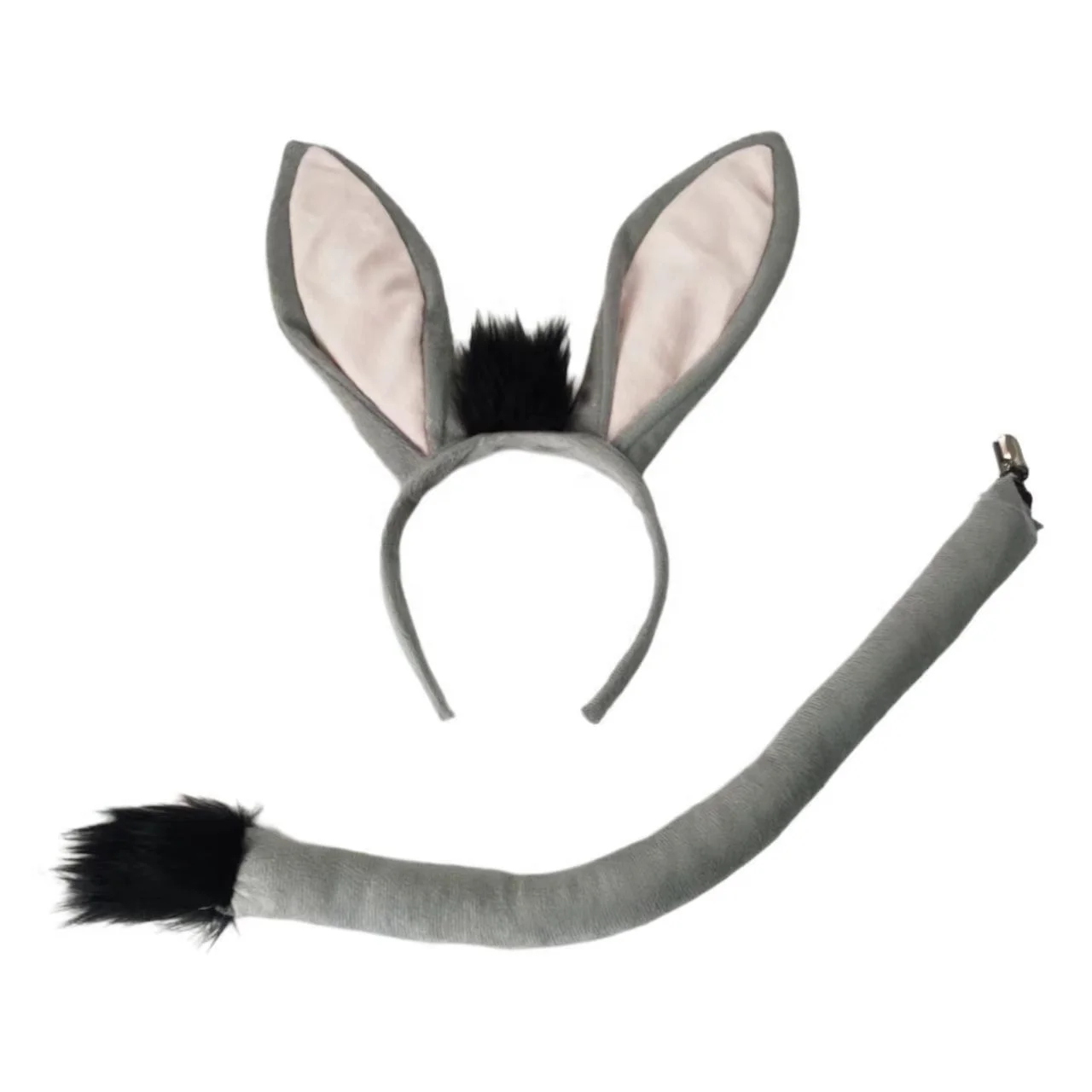 Halloween Donkey Cosplay Costume Accessory Plush Animal Grey Donkey Ear Headband and Tail 2pc Set