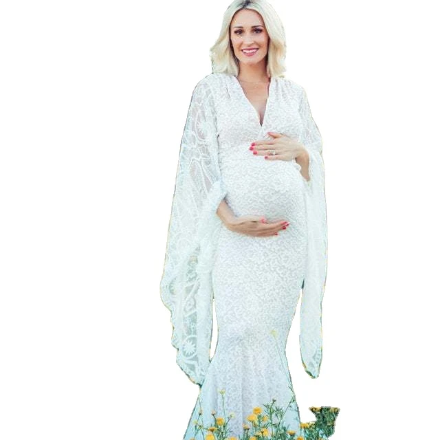 Белое прозрачное кружевное женское свадебное платье для беременных с V-образным вырезом и расклешенными рукавами