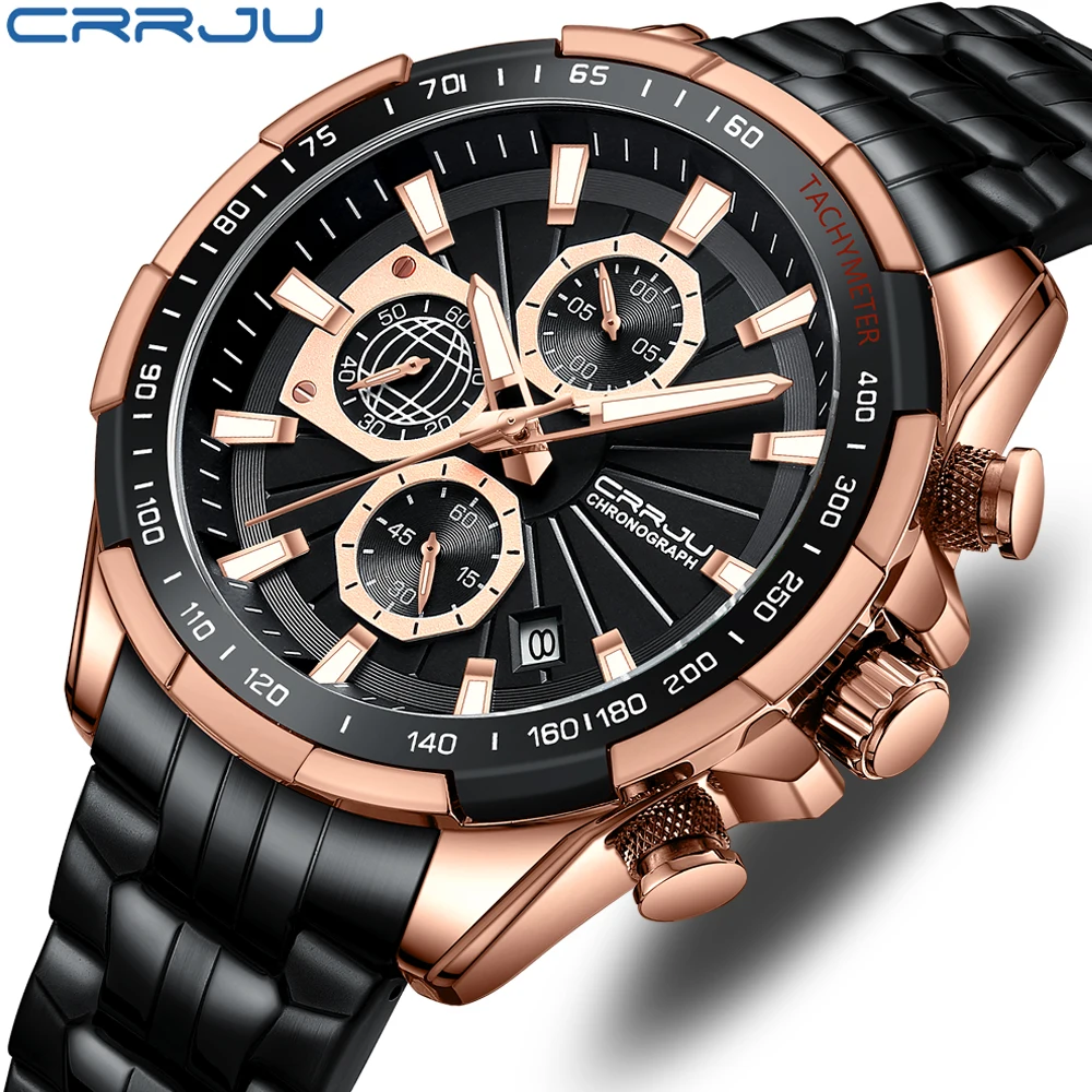Crrju Manufacture  waterproof solid  Stainless Steel Chain alloy case  green luminous Wrist men Watch reloj de hombre