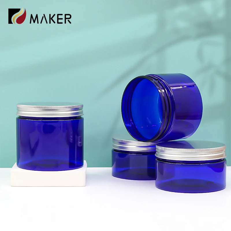 Empty PET 100ml 150ml 200ml 300ml Wide Mouth Blue Round Recycled Plastic Cosmetic Jar Box With Lid For Hair Cream Body Scrub
