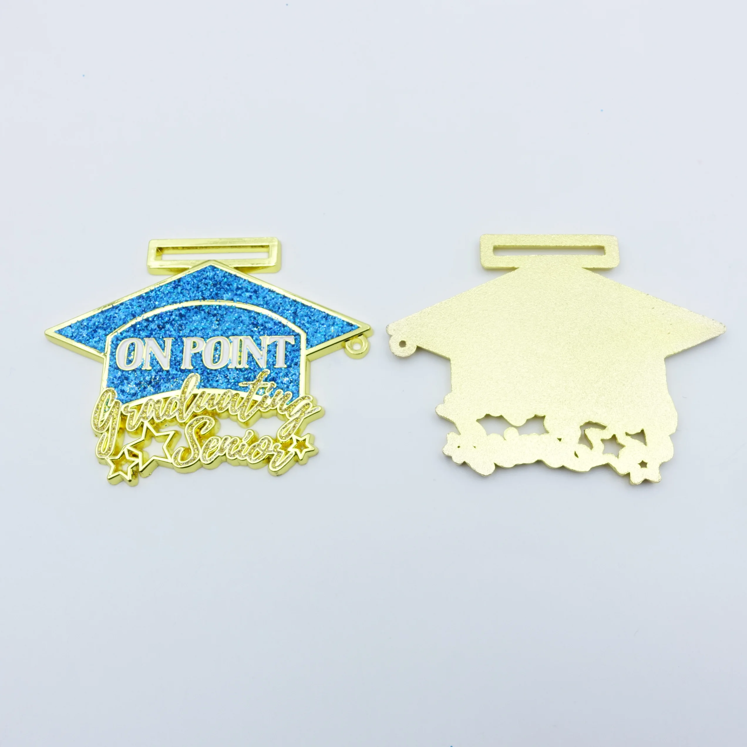 Glitter Medallas Wholesale Custom Made Gold Plated Metal Medal with Sublimated Ribbon school graduation cap glitter powder medal