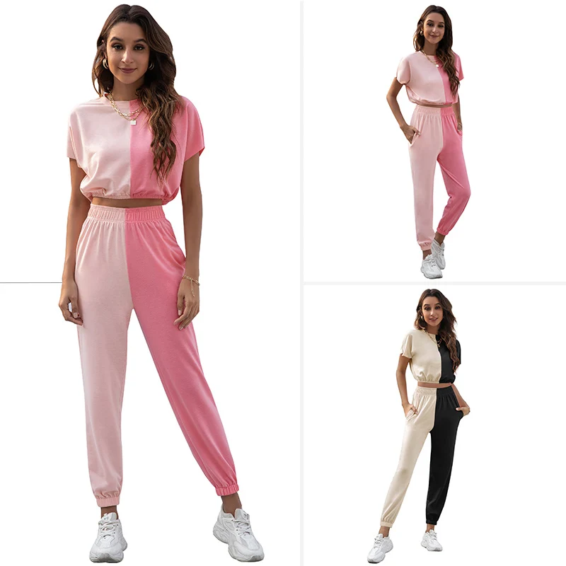 High Quality sets womens color blocking Sweat Suit Trendy Fashion Plus Size 2 Pecs Tracksuit Gym Cloth Two Piece Pants Set