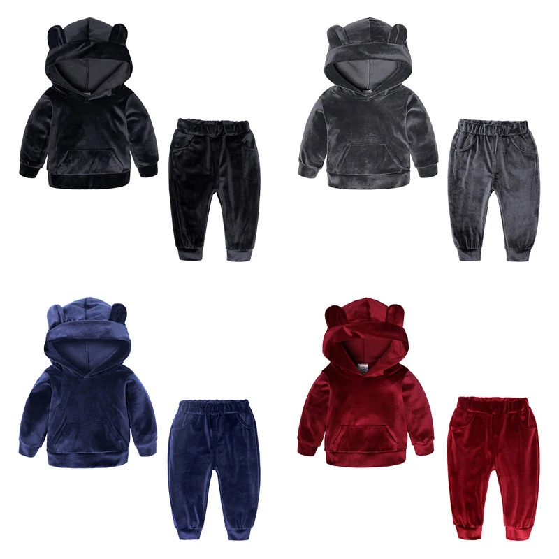 
Wholesale autumn and winter velvet bear ears hoodie two piec baby clothing clothes 