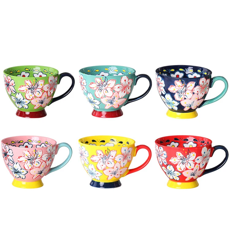 Custom Logo Creative Reusable Retro Style Cup Portable Food Grade Large Capacity Hand-Painted Flower Coffee Mugs Ceramic Cup