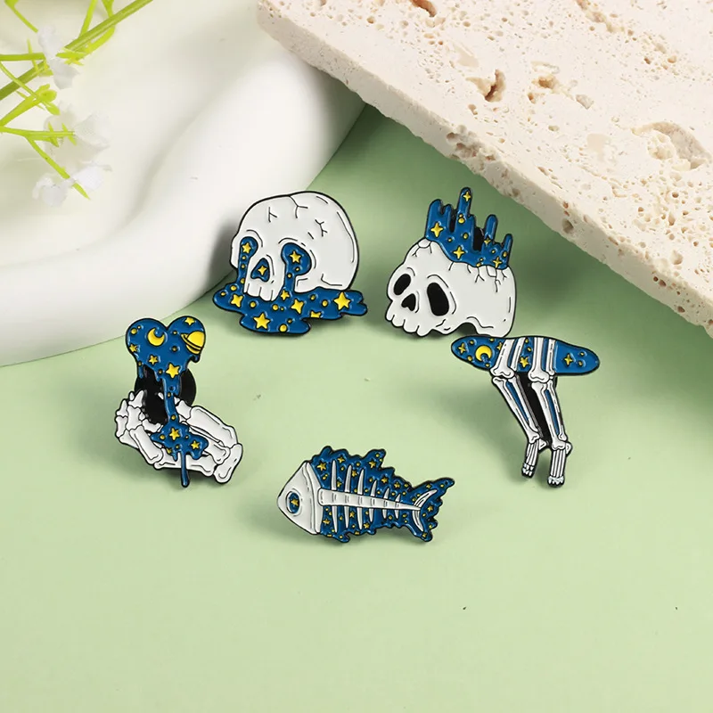 Fashion trend Blue Star Moon Planet Universe skeleton series emblem Universe in the palm brooch pins