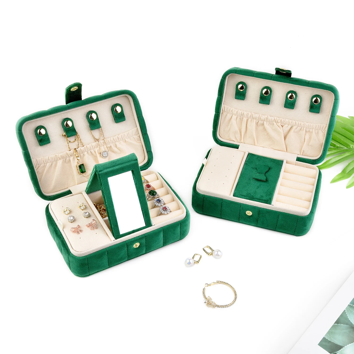 Jade Green Large Luxury Velvet Jewelry Box With Mirror Big Ring Earring Jewellery Storage Box Diamond Plaid Velvet Jewelry Box