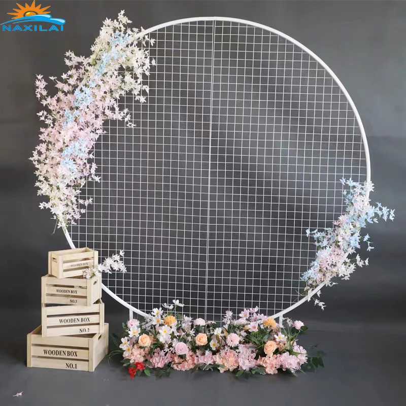 NAXILAI 2020 High Quality Wedding Supplies Circle Round White Gold Metal Mesh Grid Backdrop