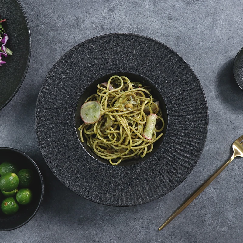 Hot Pot Plates Set Dinnerware Stoneware Black Ceramic Dishes Plates Set Dinner China Tableware Set For Restaurant