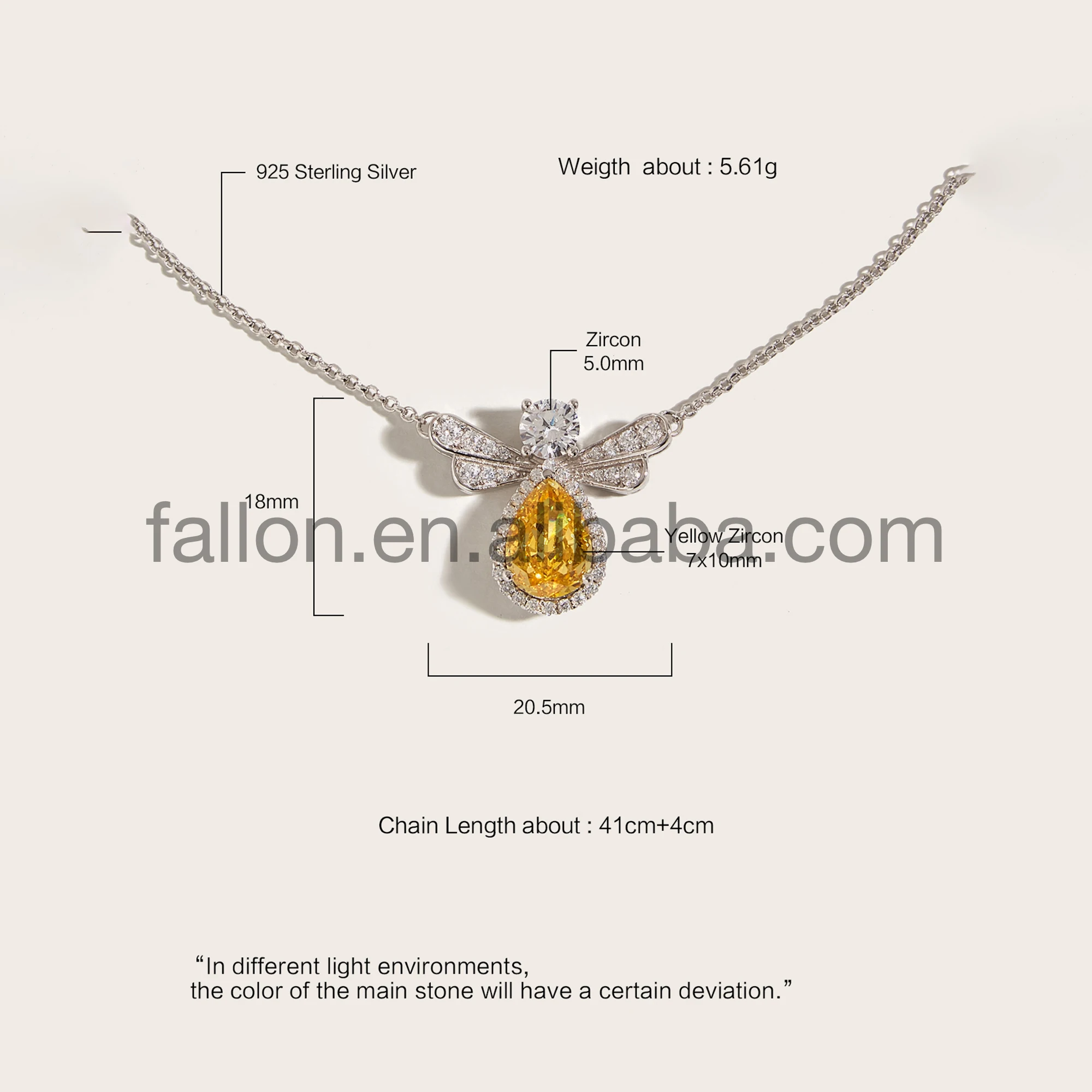 S925 5A+ CZ Stone Yellow Shiny Zircon Cute Bee Shape  White Gold Plated Sterling Silver Pendant Necklace