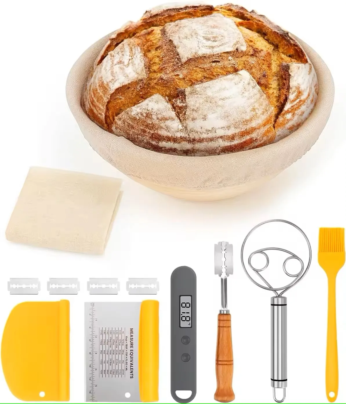 Eco-Friendly Rattan Bread Sourdough Proofing Basket Set Dishwasher Safe Flexible Flexible Pastry Cutters & Dough Whisk Baking