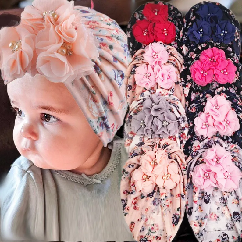 Floral print Newborn Hospital Hat Infant Baby Hats with Big Bow Soft Cute Knot Nursery Beanie cap baby tuban