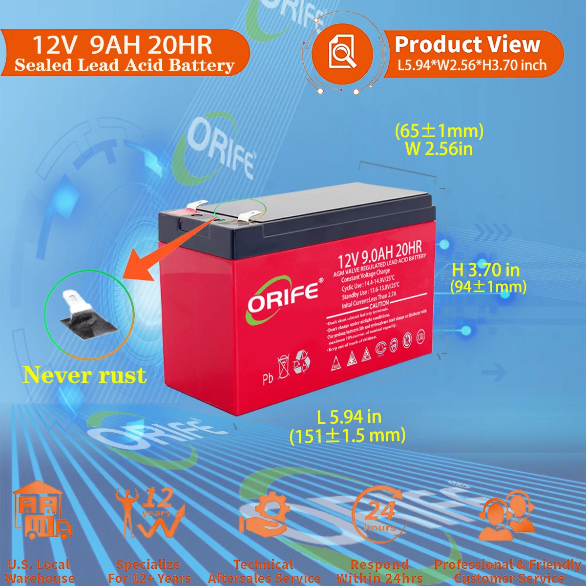 ORIFE изготовленный на заказ мини-размер Agm герметичный свинец возобновляемой энергии 12 В кислотный аккумулятор 9ah