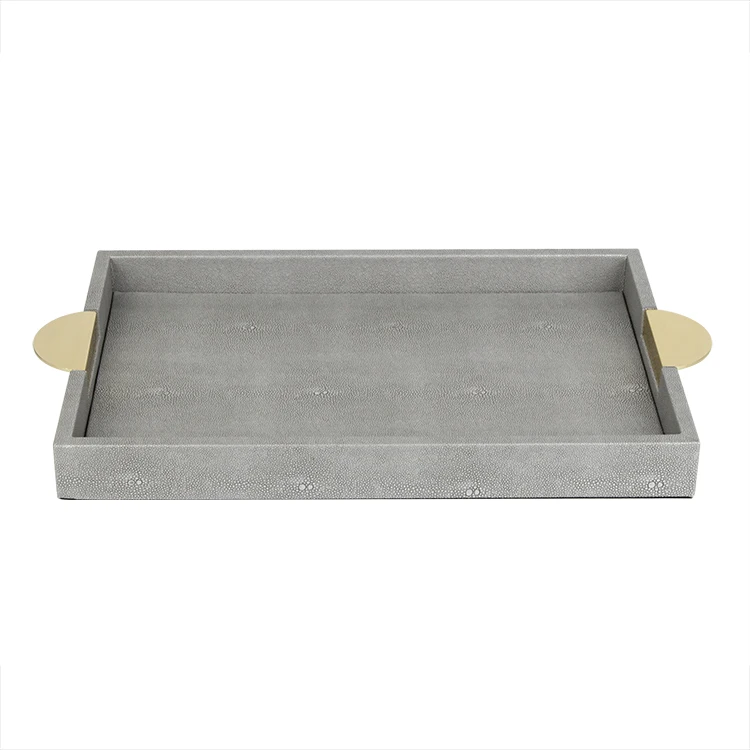Luxury shagreen leather with mdf and semicircular gold handles decorative tray for coffee table