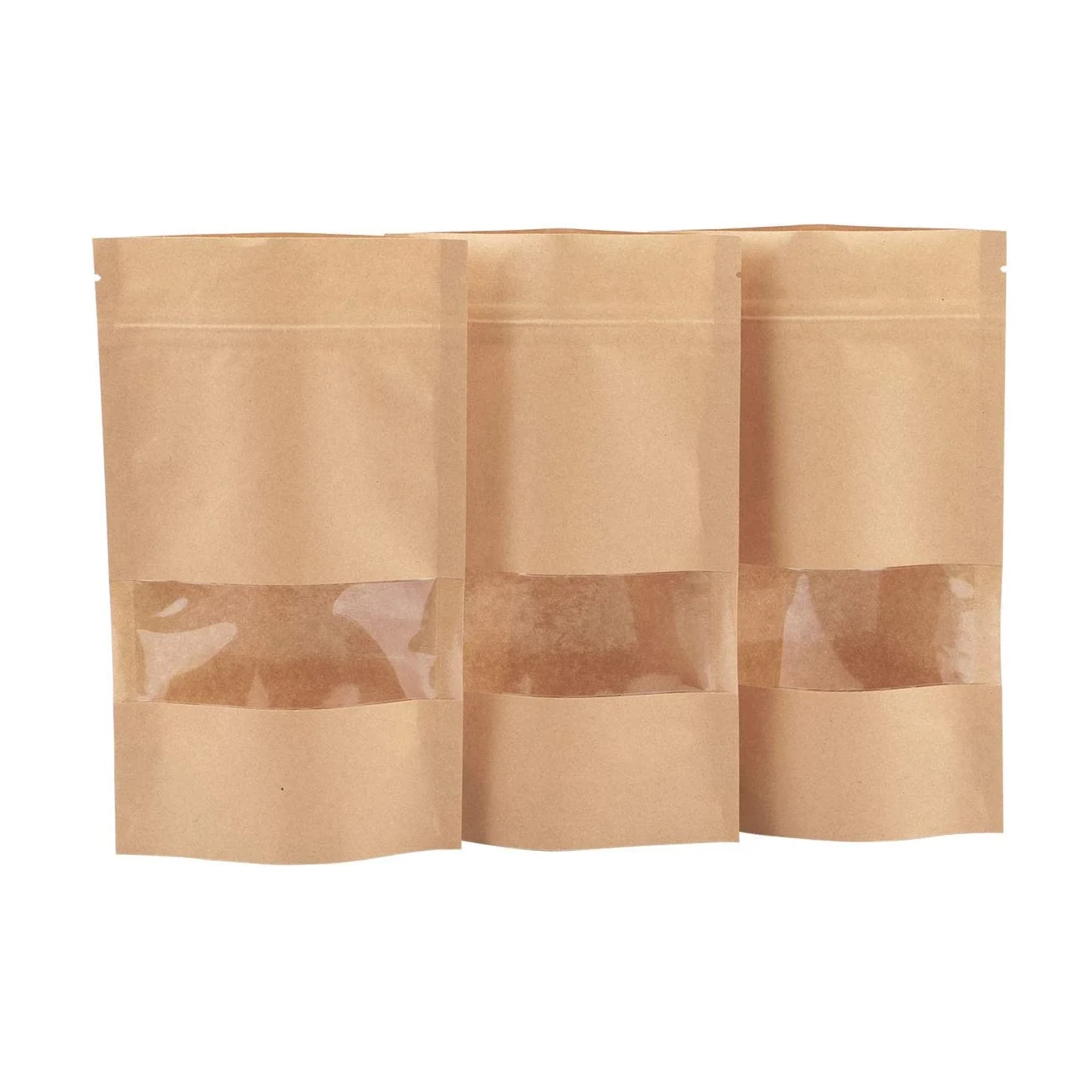 KM different capacities stand up pouch kraft paper bag with window and zipper for food nut flour tea rice powder cookies
