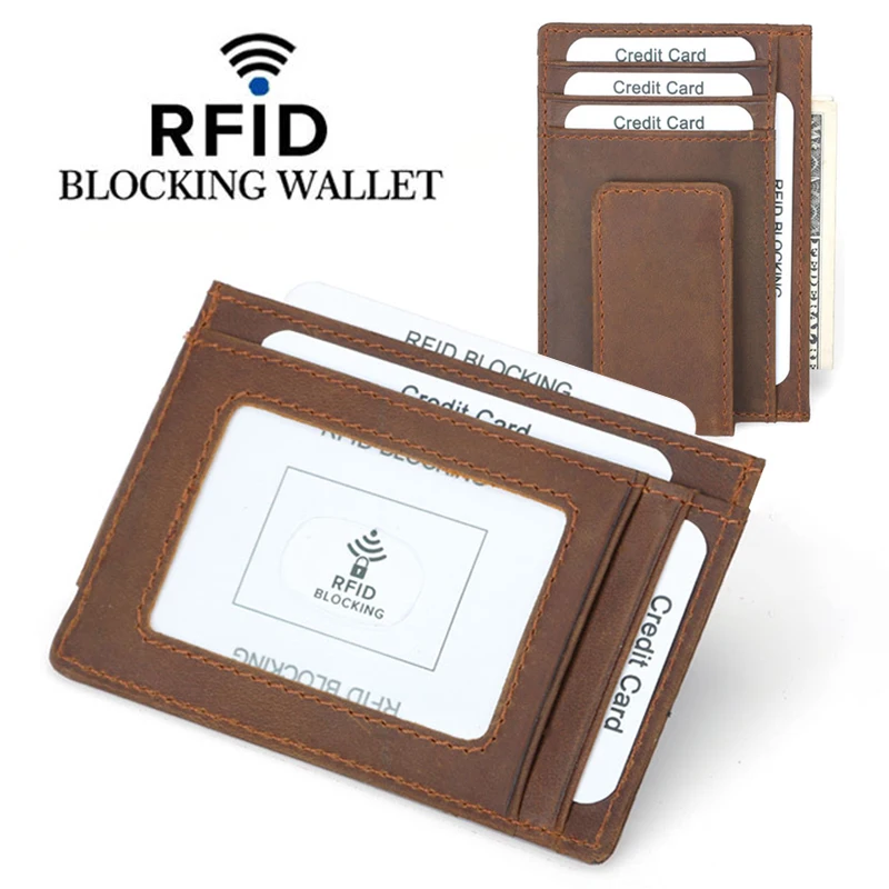 Тонкий из натуральной кожи RFID блокирующий Crazy Horse магнитный держатель для карт мужской кошелек с окном удостоверения личности работы и путешествий