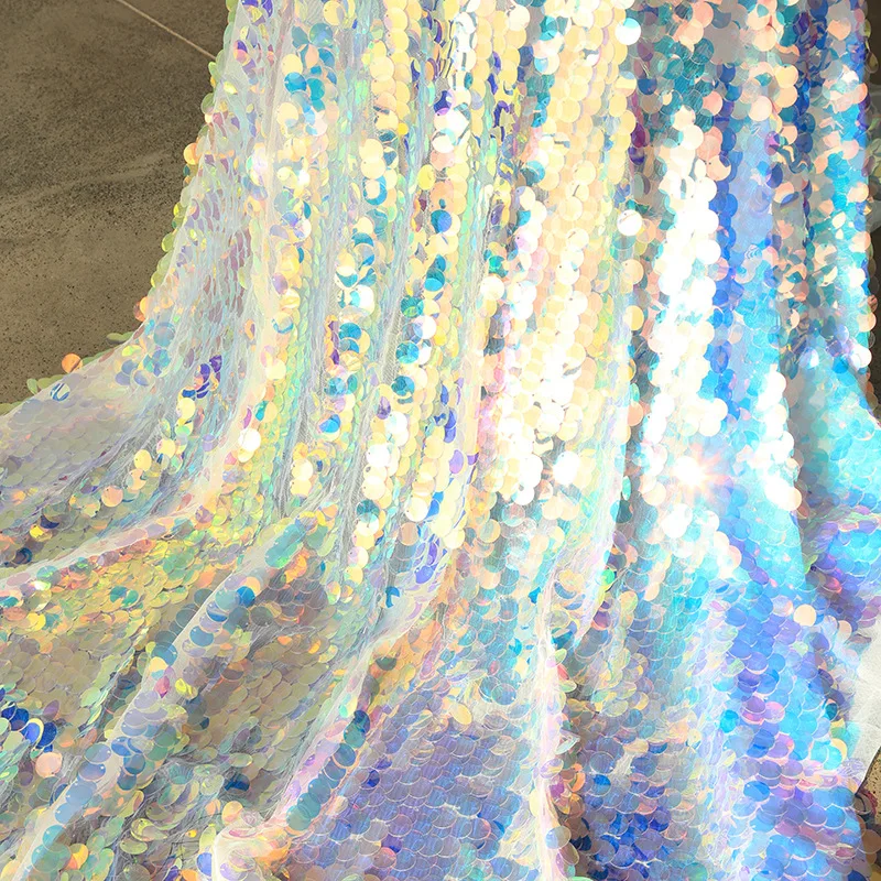 Wholesale Fish Scale Reversible Glitter Polyester Transparent Colorful 18mm Large Sequin Fabric