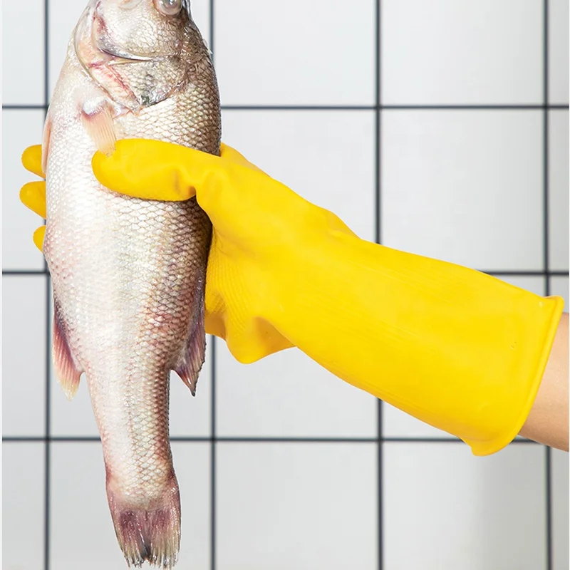 Custom Red Latex Household Glove Warm Flock Electrostatic Flock Liner Winter Cleaning Gloves Grip Roll  Cuff