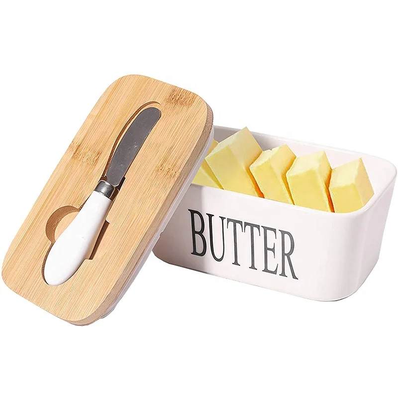 Ceramics Butter Dish with Lid,Ceramic Butter Holder With Knife and bamboo lid,Deluxe Butter Keeper