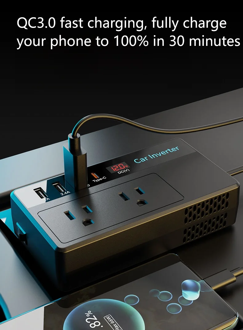 200W PD 30W USB-C QC 3.0 Digital Display Inverter DC 12V AC 110V Car Power Inverter  Single 60Hz USA Jack