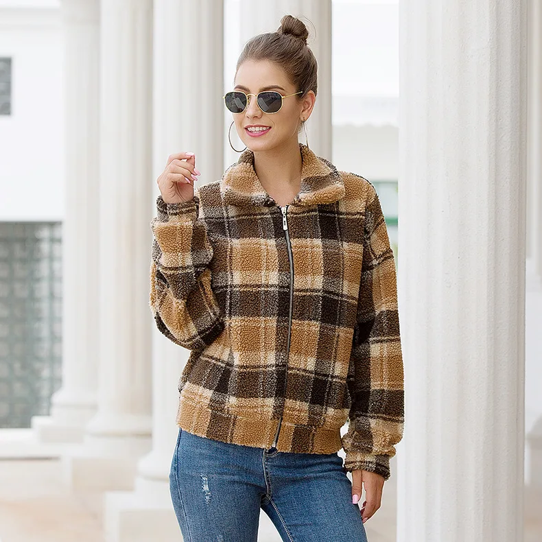 New Arrival Hot Sales Women Outerwear Fur coats Casual short plaid Winter thicken Zipper Coat for women 2021