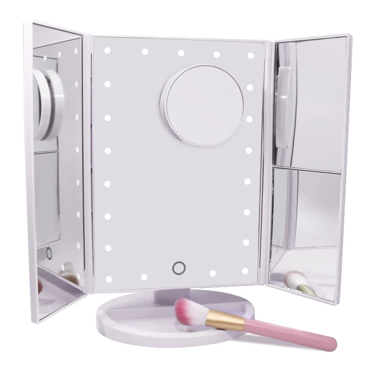 dimmable touch sensor tabletop trifold cosmetic mirror 3 folding led vanity mirror for makeup