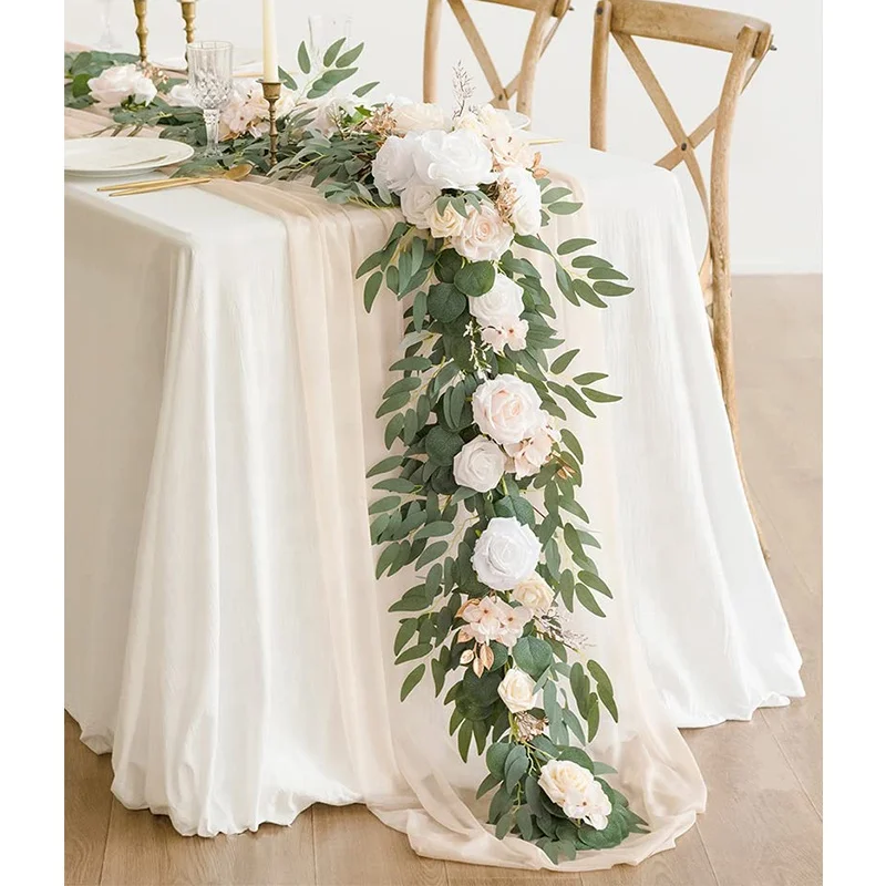 White Beige 6FT Artificial Eucalyptus Garland with Flower Wedding Centerpieces for Wedding Table Decor Wedding Arch Flowers