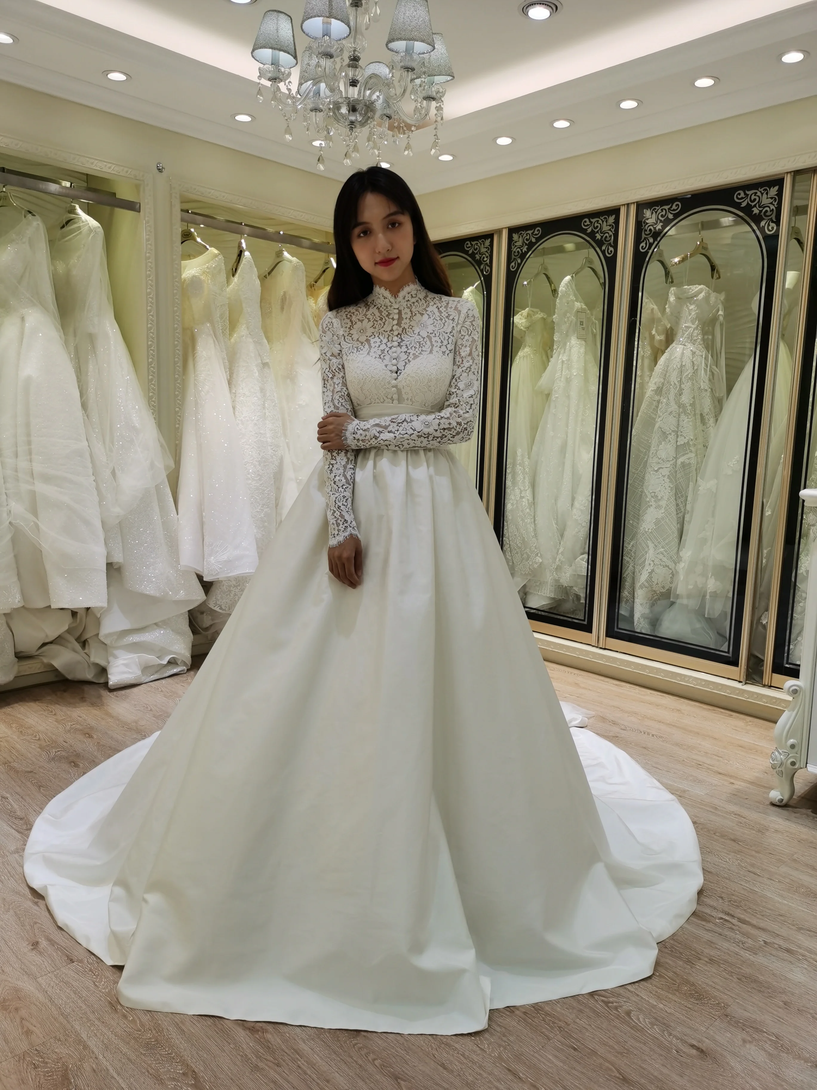2021 long sleeve high neck muslim ball gown wedding dress bridal gown back big bow