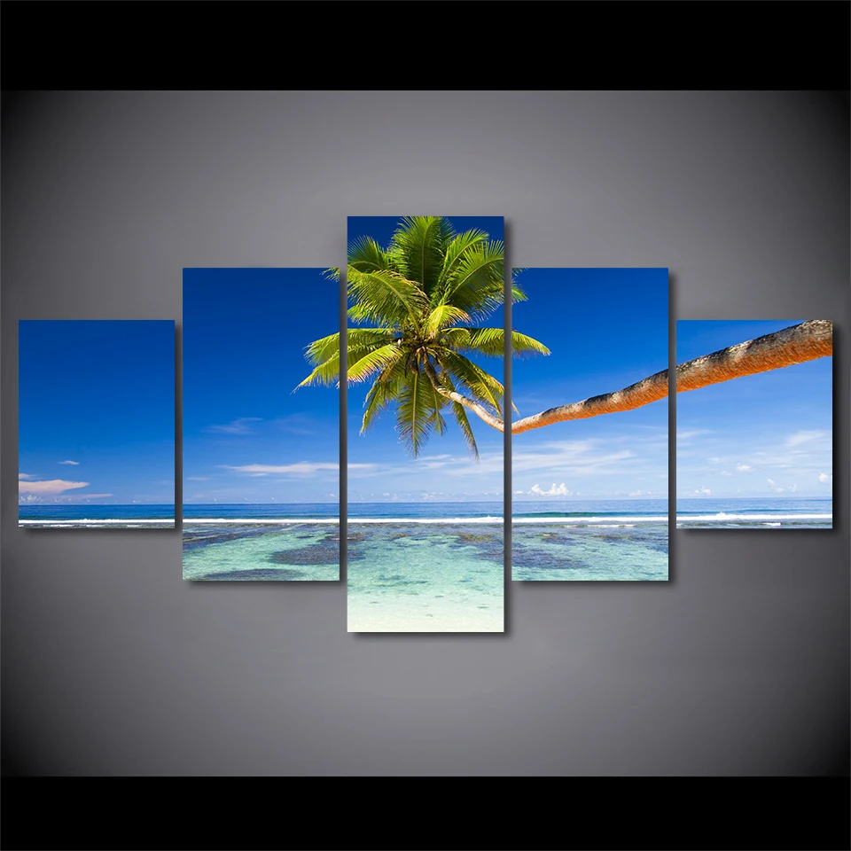 Decor Posters HD Printed Painting 5 Panel Sunshine Blue Sky Coast Seascape Modern Wall Art Pictures Home Living Room