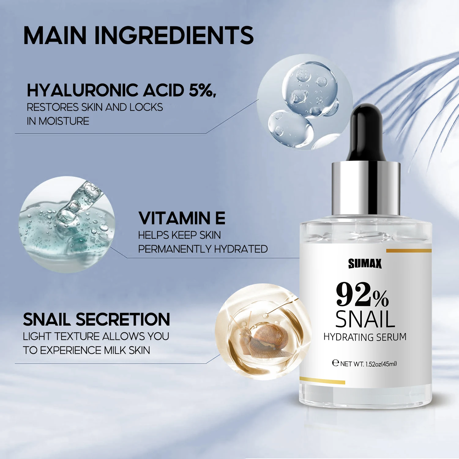 Sumax New Facial 92% Snail Hydrating Serum Firming Skin Smoother Wholesale OEM Private Label 45ml Glass Bottle Face Care Serum