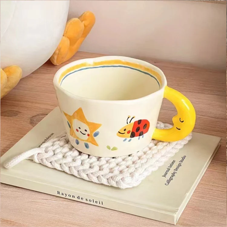 Nordic creative moon handle design cute hand painted porcelain breakfast coffee cup mug personalised handmade ceramic cups