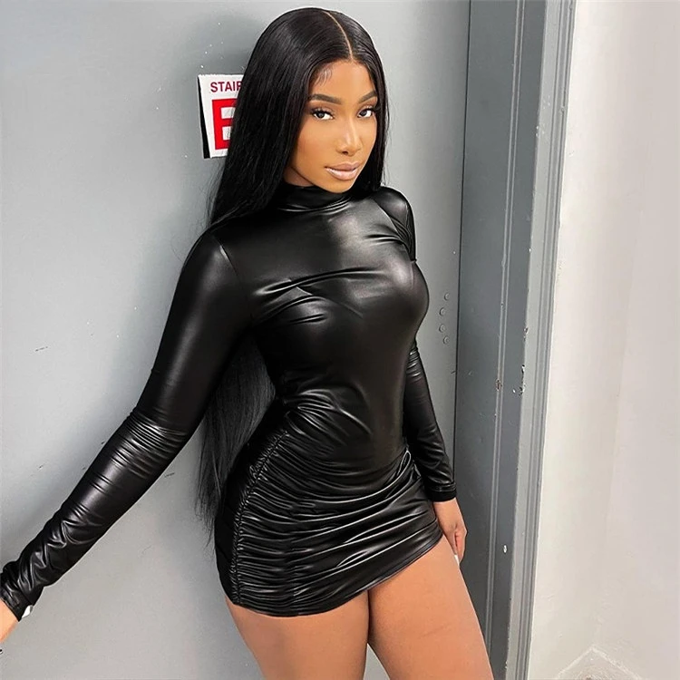 2022 Fall Clothing Women Pu Leather Long Sleeve Party Club Dress Bodycon Streetwear Black Ruched Short Mini Dress Casual Dresses