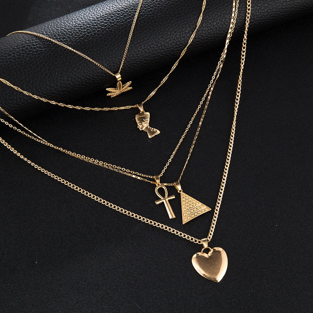 Exaggerated metal maple leaves Egyptian pharaoh yan pyramid heart pendant multi-layer necklace women