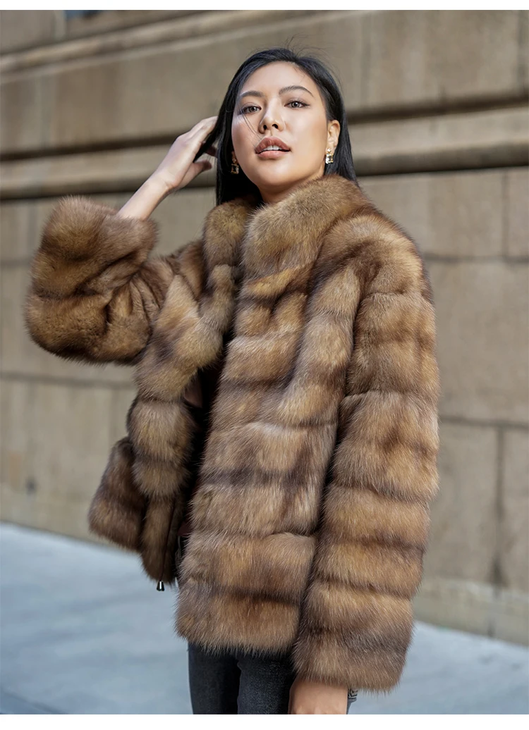 Luxury Real Russian Sable Fur Coat Winter Warm Long Sleeve Standing Collar Mink Coat With Pocket