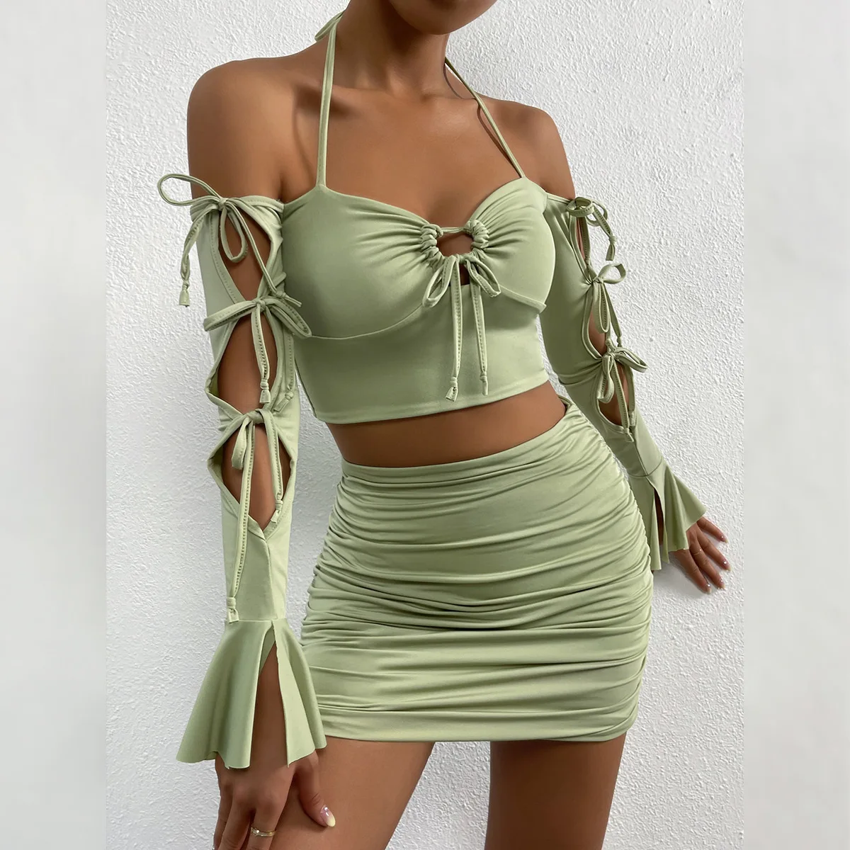 Новый модный дизайн расклешенный рукав с открытыми плечами из двух частей с вырезами сексуальное женское мини-платье для ночного клуба женские платья