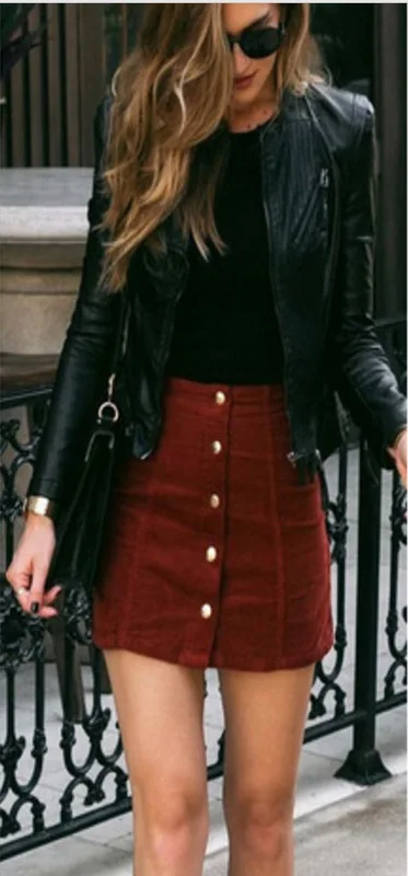 
Fashion Elegant Women Ladies Summer Skirts High Waist Single Breasted Solid Slim A-Line Suede Leather Mini Skirts 