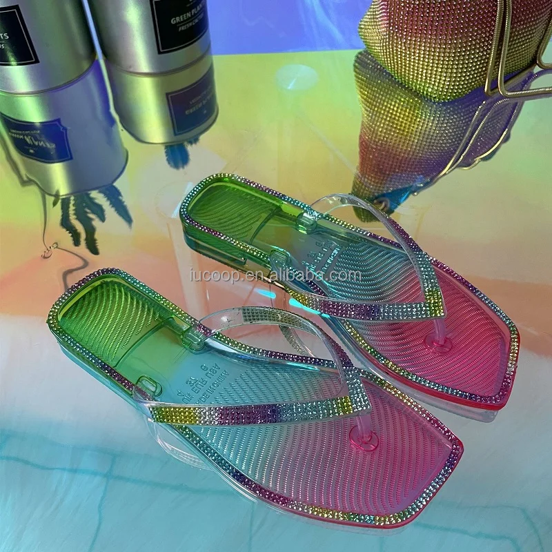 Hot selling rhinestones Crystal Jelly sandals Multi color slides slippers for women ladies candy color flat sandals Flip flops