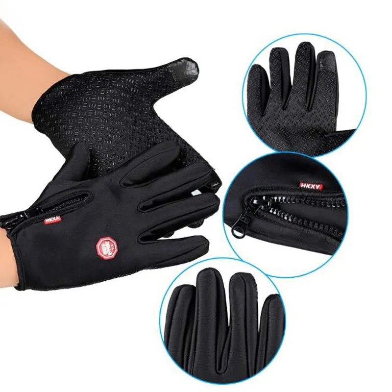 Ветрозащитные зимние велосипедные перчатки унисекс, мотоциклетные велосипедные перчатки с сенсорным экраном, спортивные лыжные теплые перчатки с пальцами, черные