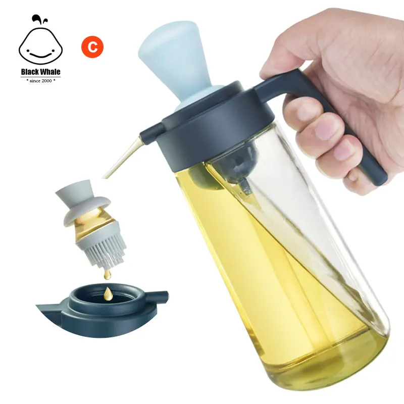 Custom 550ml oil bottle kitchen with Brush Pour Brush Squeeze Oil 3 in 1 Silicone Dropper BBQ glass olive oil dispenser