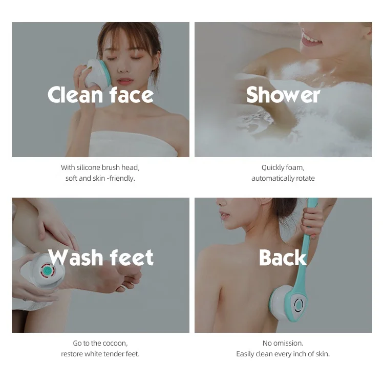 Wholesale electric facial back skin scrubber long handle shower body washing brush