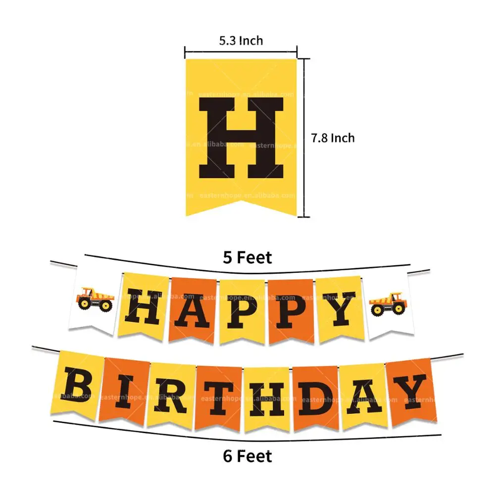 
EasternHope Construction Birthday Party Supplies Banner Construction Happy Birthday Banner with Builder Bulldozer Excavator 
