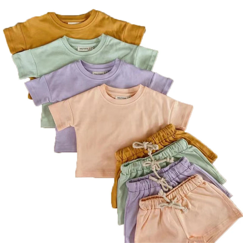 
2021 cotton kid clothing set macaron plain solid solor children t shirt and short 2 pcs set children girl sports clothes sets 