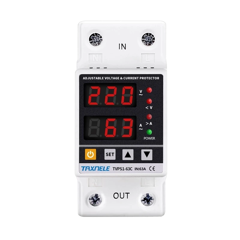 Двойной дисплей 63 а 230 В Din-рейка регулируемое Цифровое реле перенапряжения Защита от предельного тока