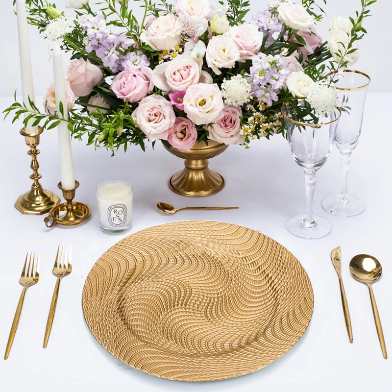 13 inch cheap luxury rose gold plastic table charger plates decorative square silver rimmed beaded reef wedding charger plate
