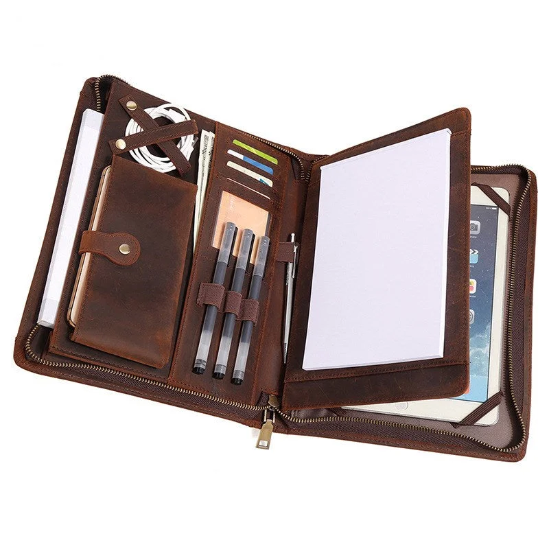 Zippered Executive vintage Holder genuine Leather Documents Organizer Agenda/Portfolio File Folder With Notepad and Pockets