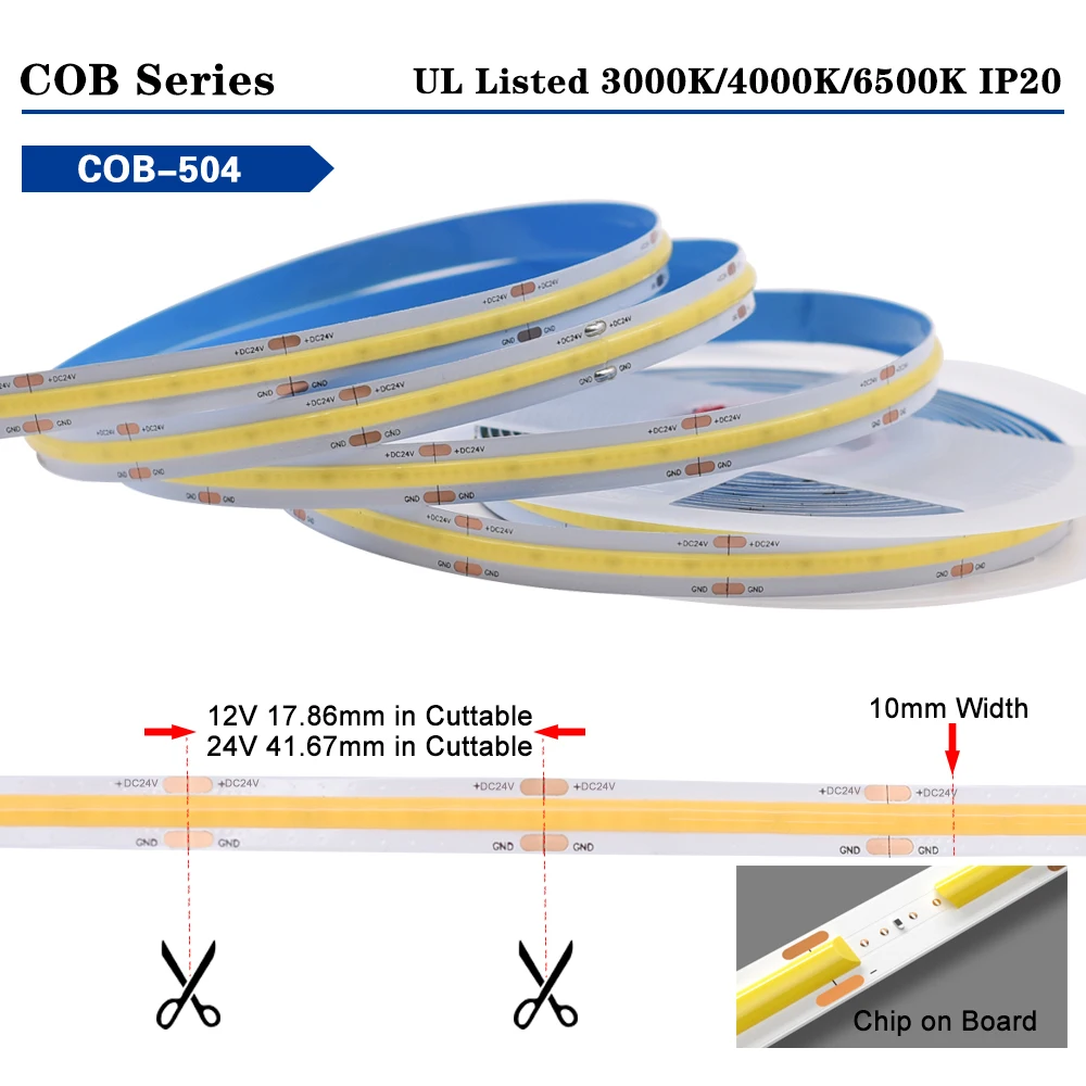 Led Tape Light 5M Dot Free Uniform Illumination Fcob 12V 504 Chip led strip lighting 12W/M Flexible Led Strip Cob 12V
