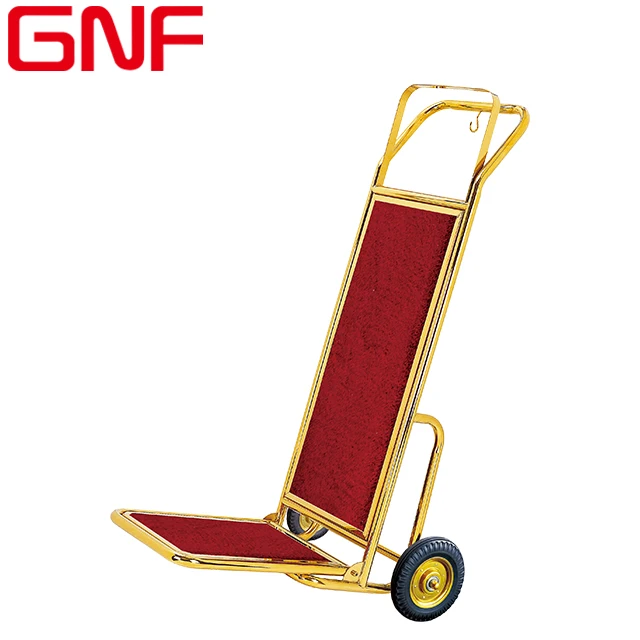 GNF Hotel stainless steel Luggage Trolley golden baggage hand trolley cart with red carpet made in china