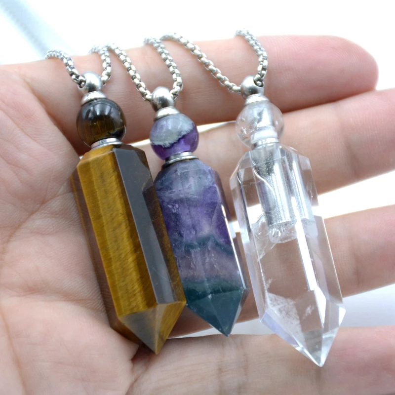 Hexagon Bullet Prism Perfume Bottle Pendant Genuine Gemstone Necklace Smoky Quartz Point Bottle Diffuser Stainless steel Jewelry